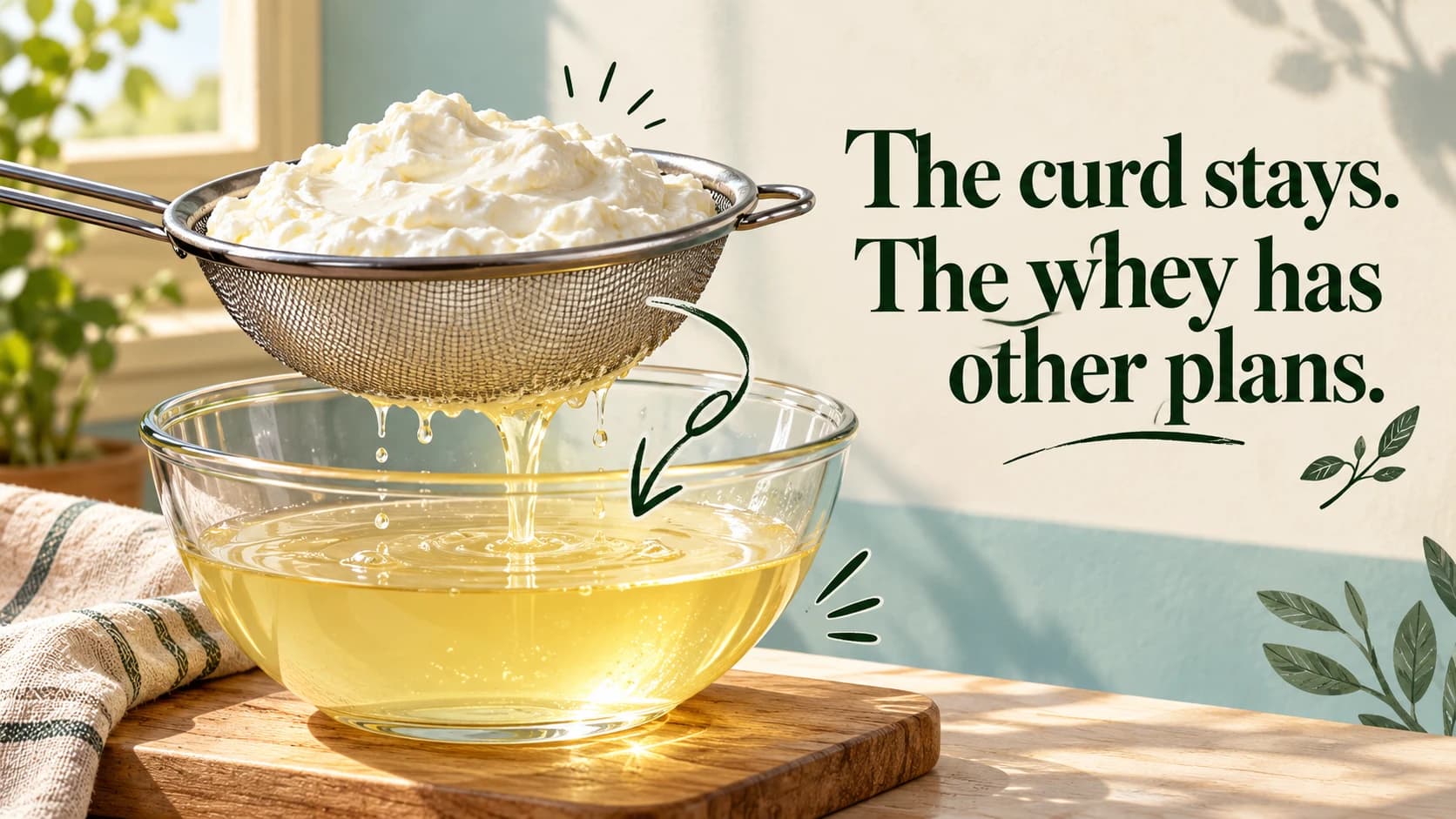 The curd stays. The whey has other plans. An arrow connects the curd in a strainer to the whey below.