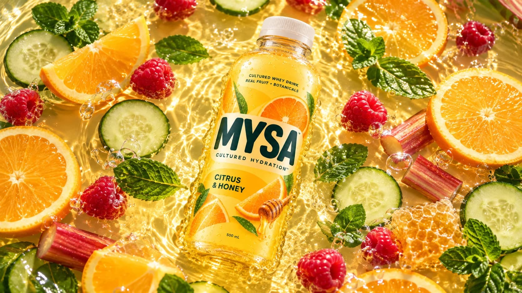 Approved MYSA Citrus & Honey bottle advertisement surrounded by fruit, mint and golden liquid.